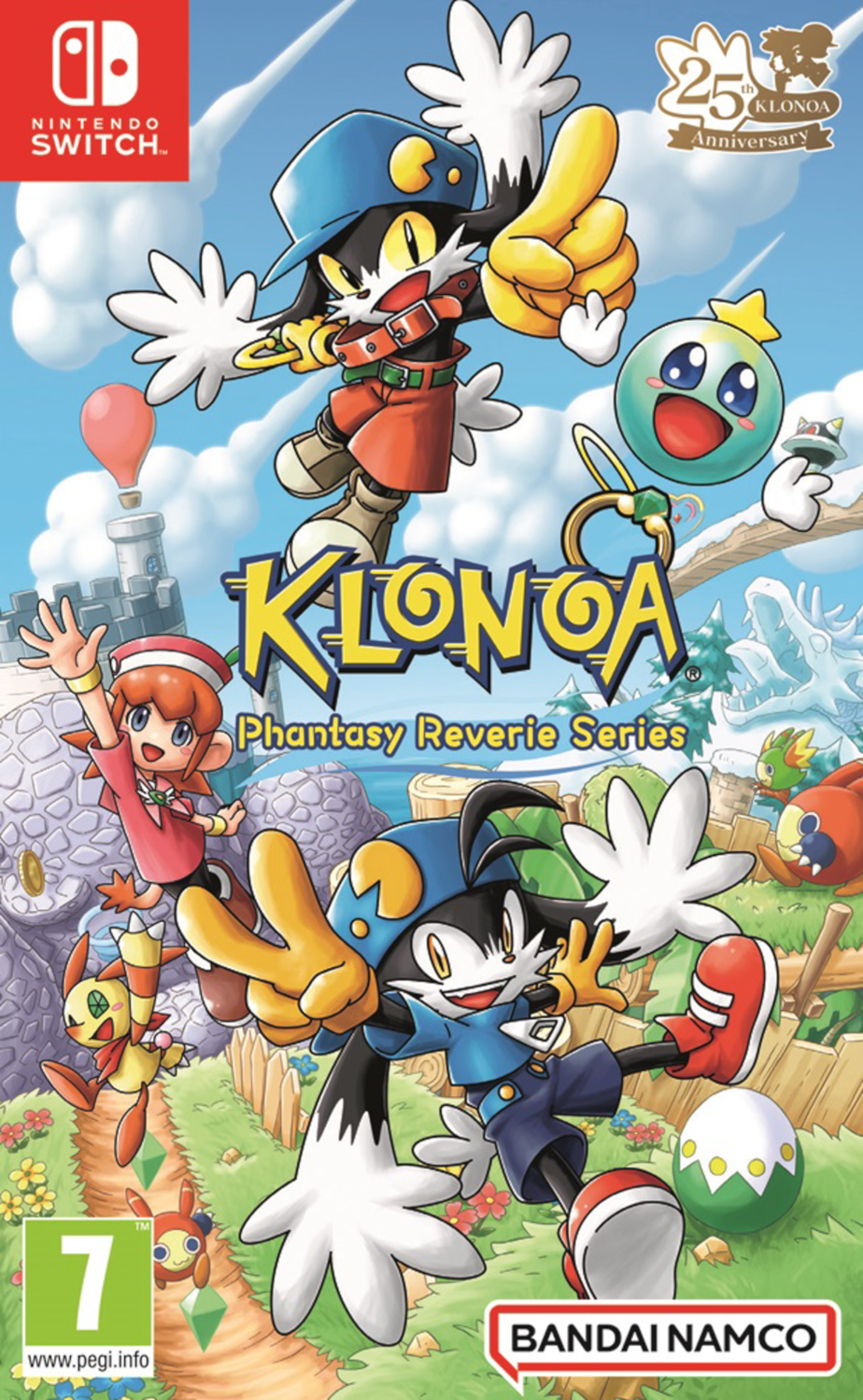 Couverture de jeu Nintendo Switch, titre 'Klonoa' avec des personnages de dessins animés. Illustration colorée.