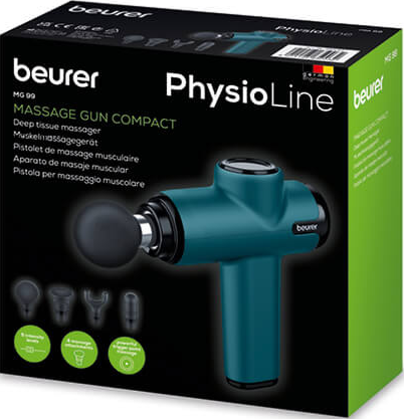 Eine Box mit einer Massagepistole. Die Pistole ist blaugrün, und es gibt verschiedene Aufsätze.