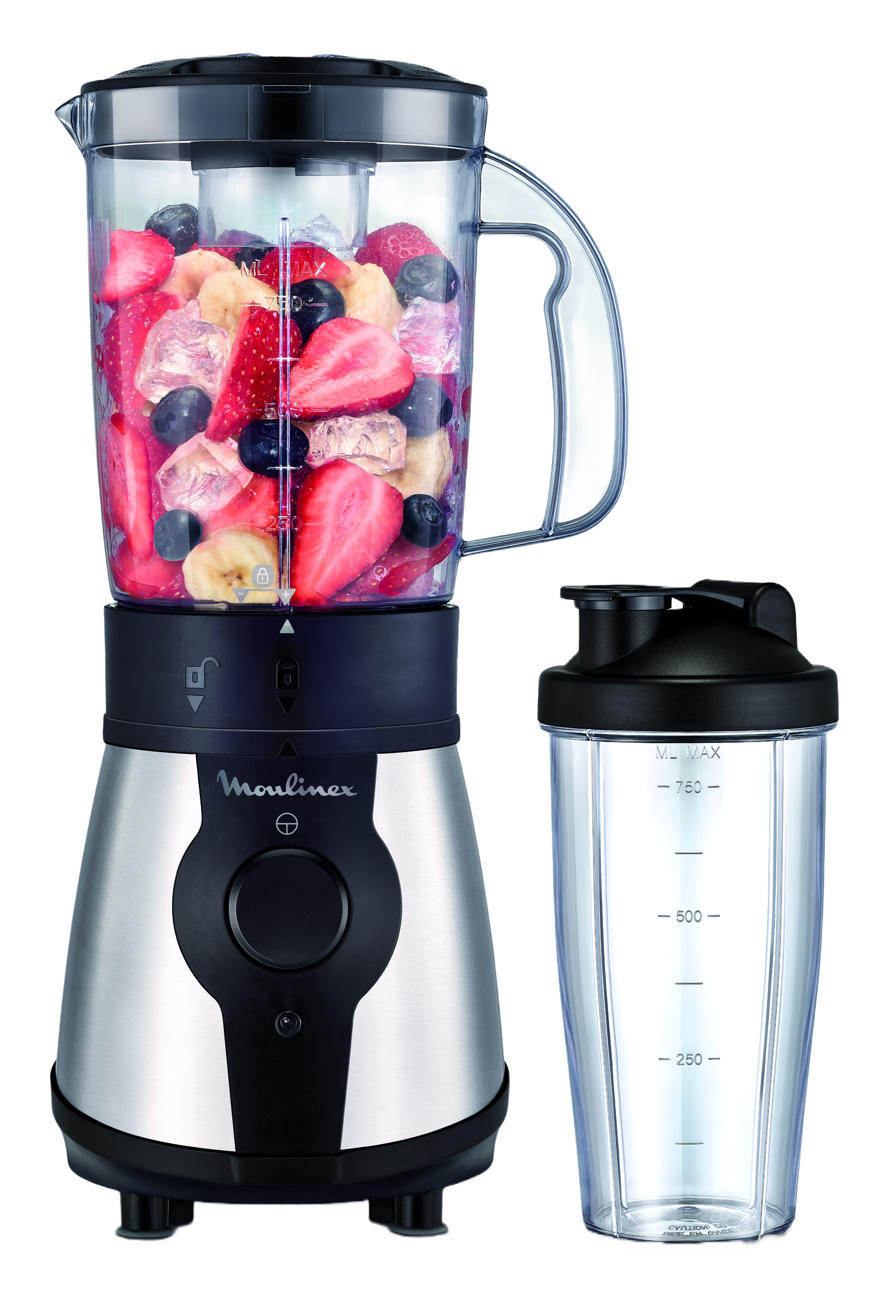 Batidora de vaso - Moulinex Blend & Go LM1B1D, 300W, 4 cuchillas, 750ml, Botella para llevar