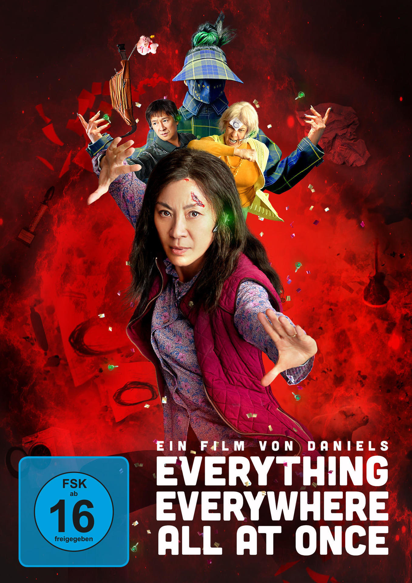 Filmposter mit einer Frau im Zentrum und anderen Figuren, die mit rotem Hintergrund um sie herum schweben.