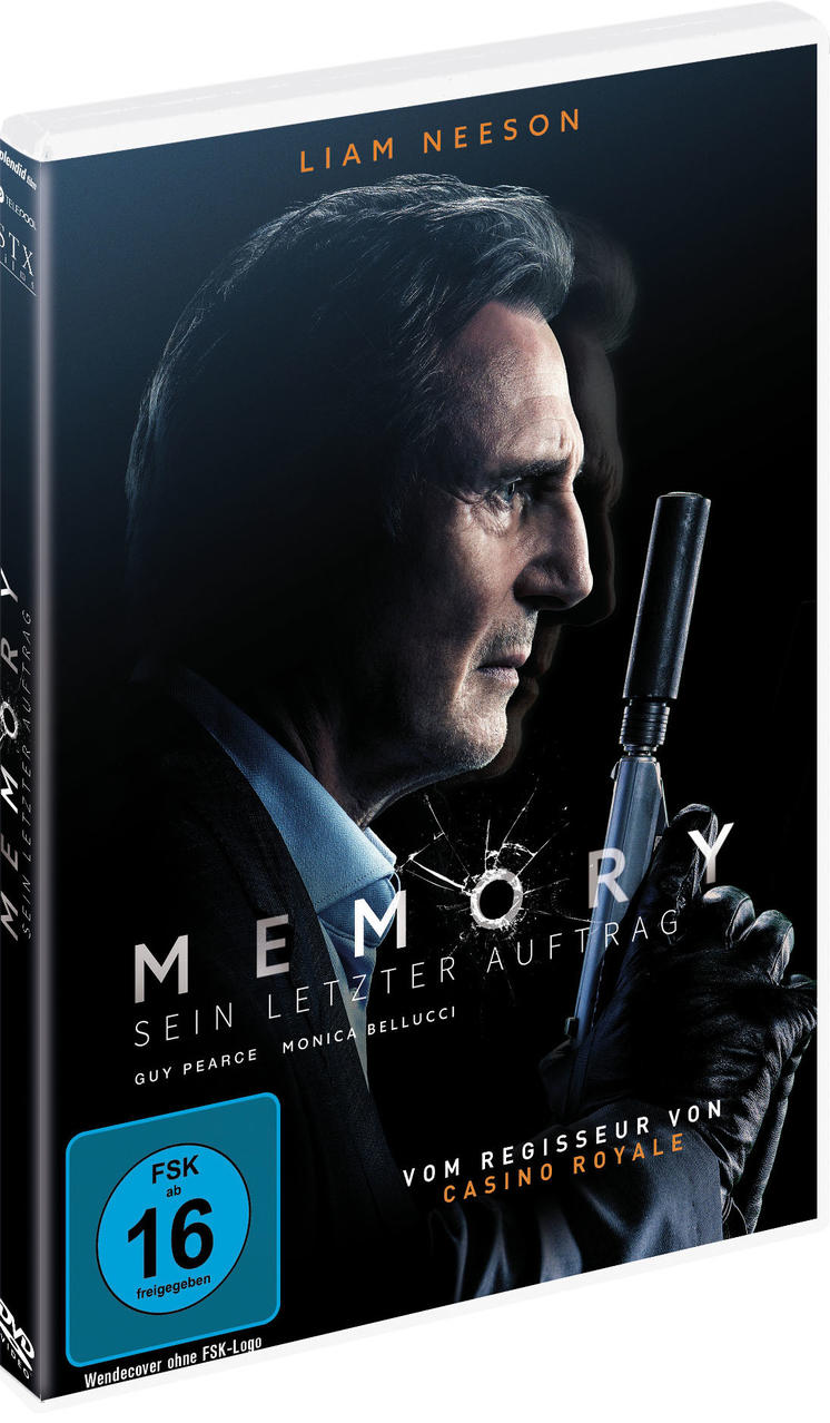 DVD-Hülle mit Liam Neeson in einer dunklen, ernsten Pose, der eine Pistole hält. Filmtitel ist 'Memory'.