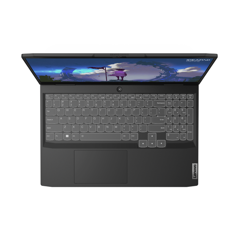 Portátil abierto, teclado negro, pantalla con imagen colorida. Logotipo de Lenovo abajo.
