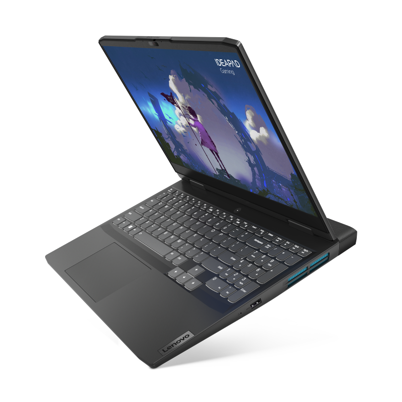 Un portátil negro con la pantalla abierta, mostrando un juego. El teclado es visible.