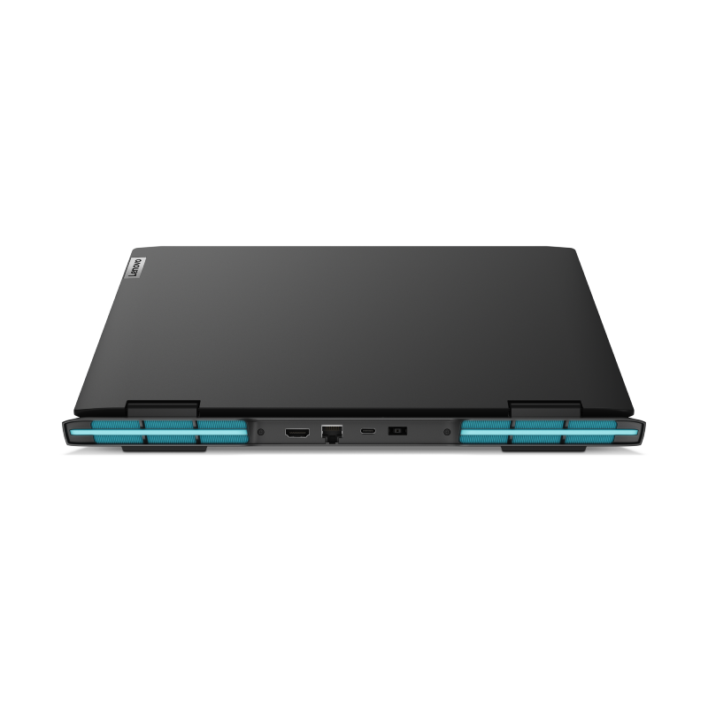 Vista trasera de un portátil negro con ventilaciones azules. Tiene un puerto USB.