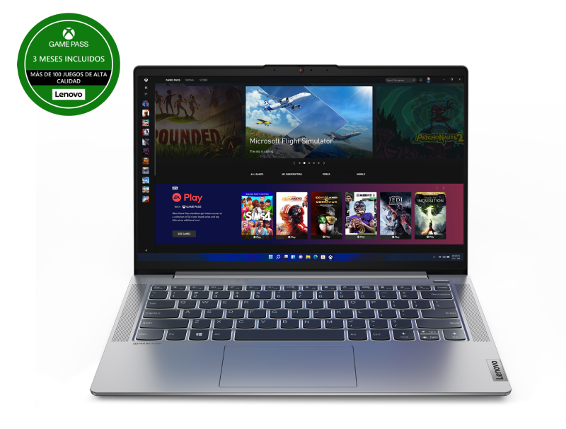 Laptop que muestra una interfaz de tienda de juegos con varios iconos de juegos y un logotipo de Lenovo.