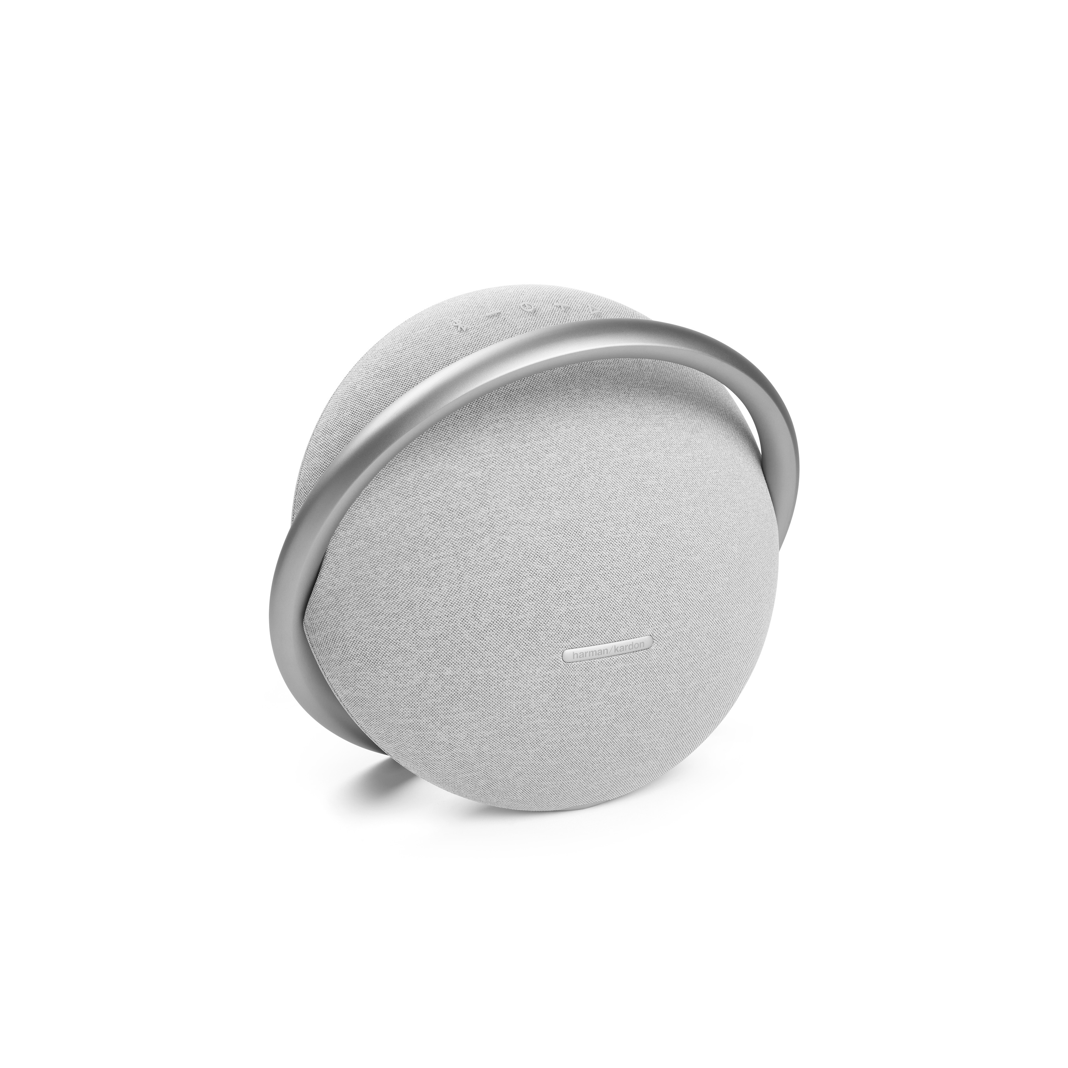 Gümüş halka saplı gri Harman Kardon hoparlör. Beyaz zemin.