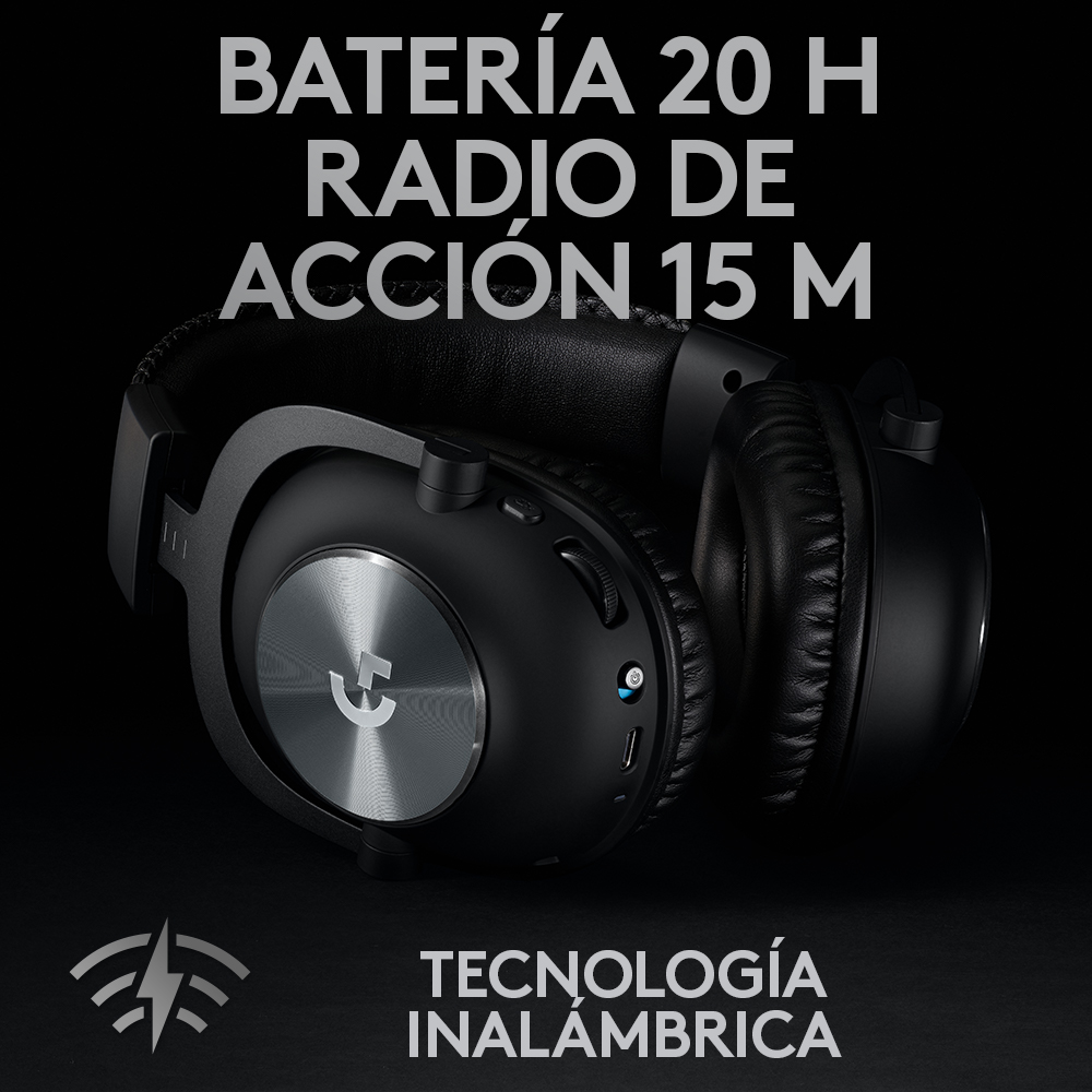 Auriculares negros con texto en español sobre duración de la batería y tecnología inalámbrica.
