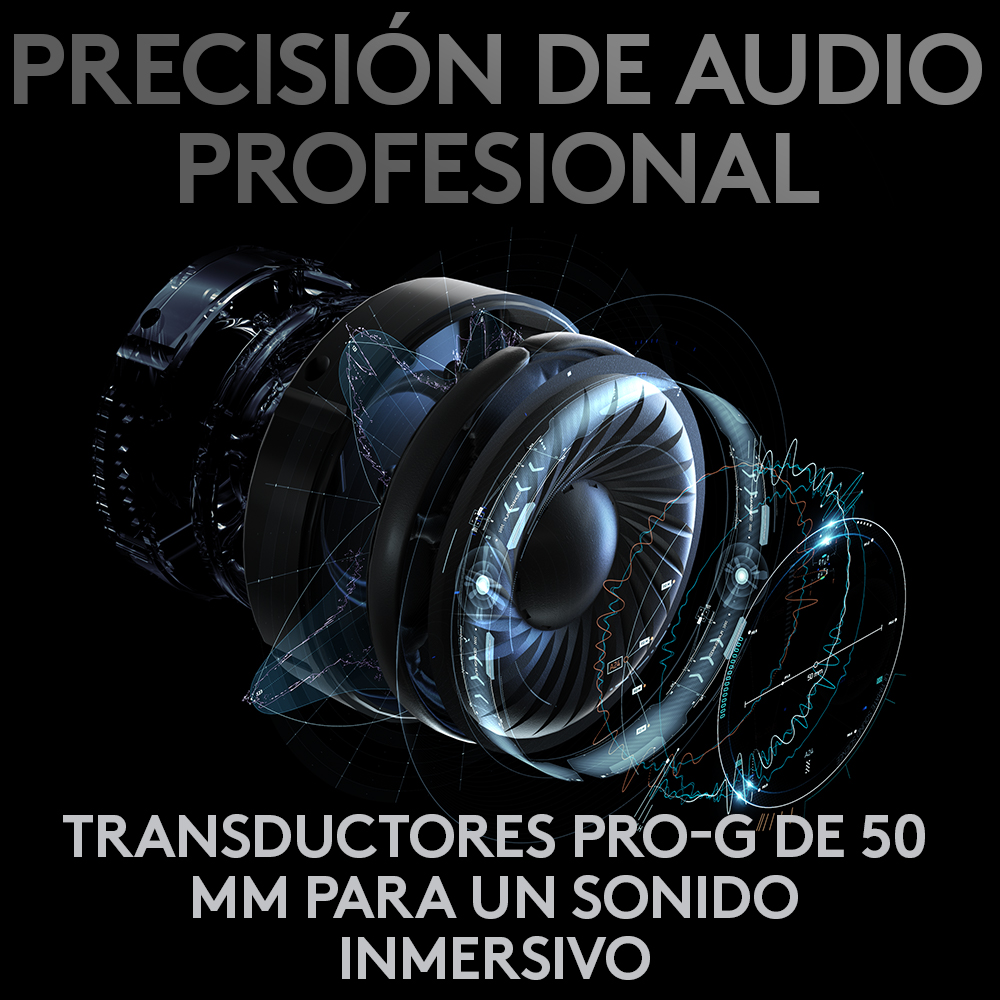 Componente de altavoz negro y plateado, texto: precisión de audio profesional y transductores Pro-G para un sonido envolvente.