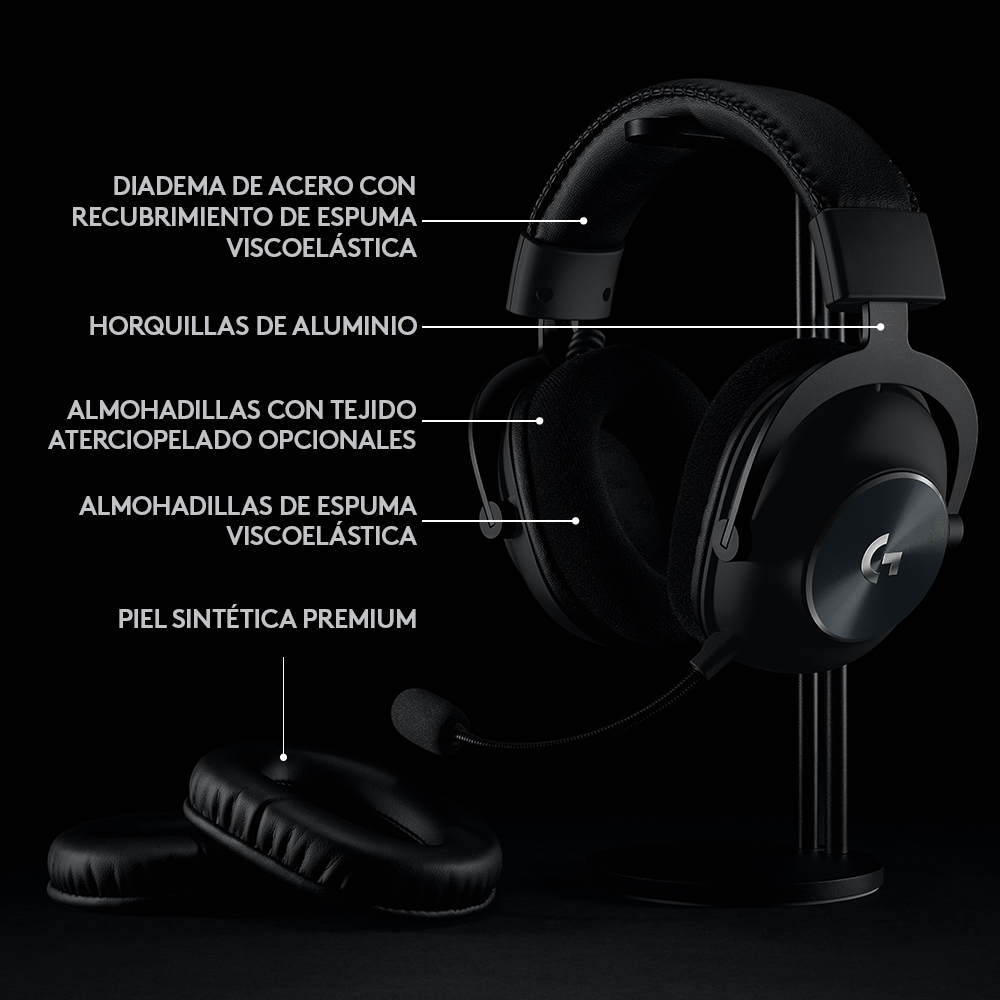Auriculares negros en un soporte. Las características están etiquetadas.