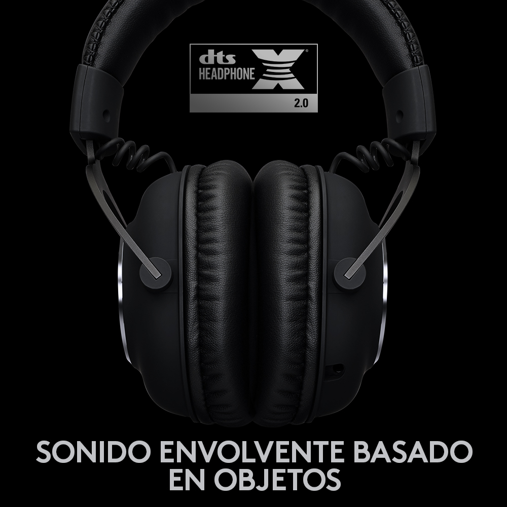 Auriculares negros con el texto 'SONIDO ENVOLVENTE BASADO EN OBJETOS' debajo.