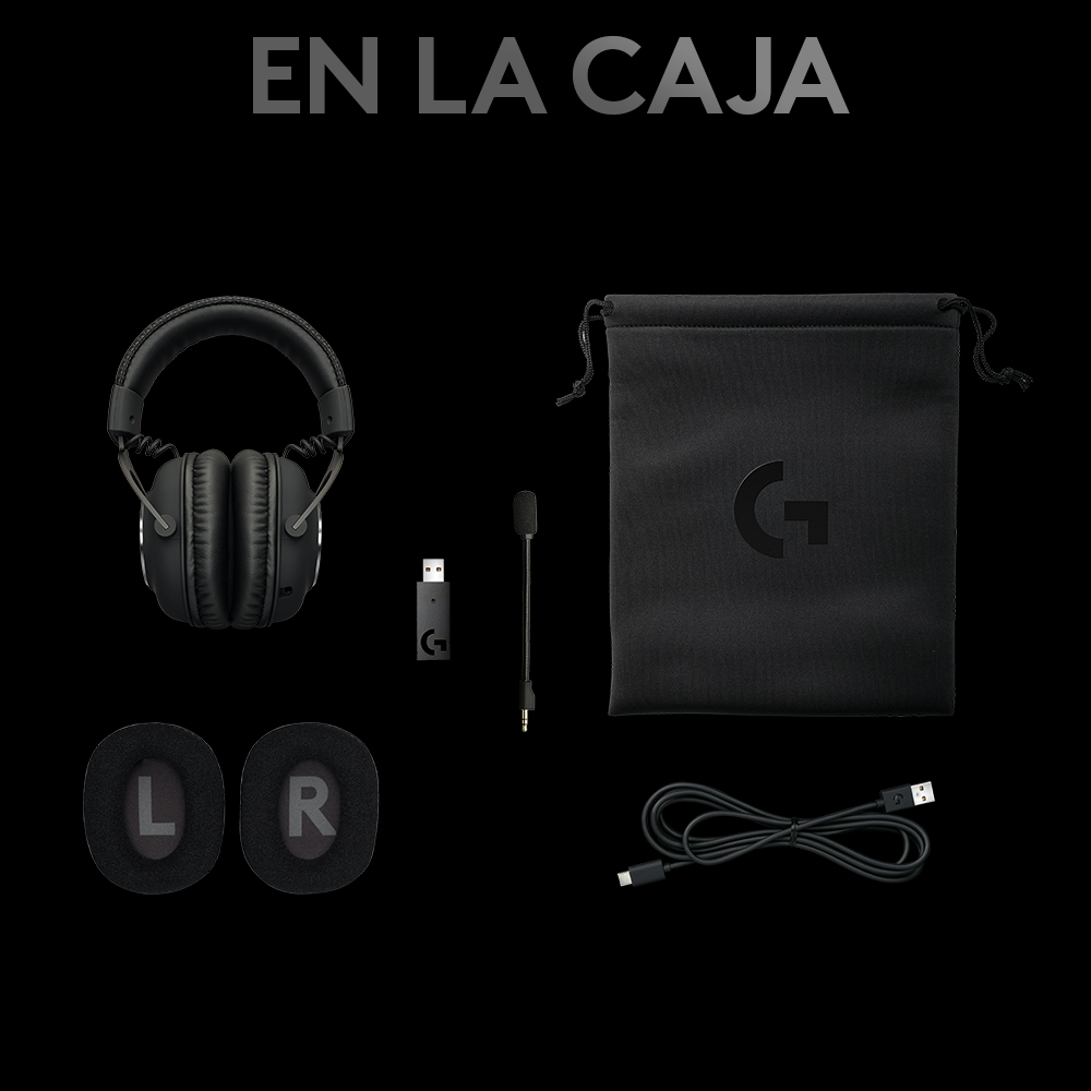 En la caja: auriculares, funda, receptor, micrófono y almohadillas, todo sobre fondo negro.