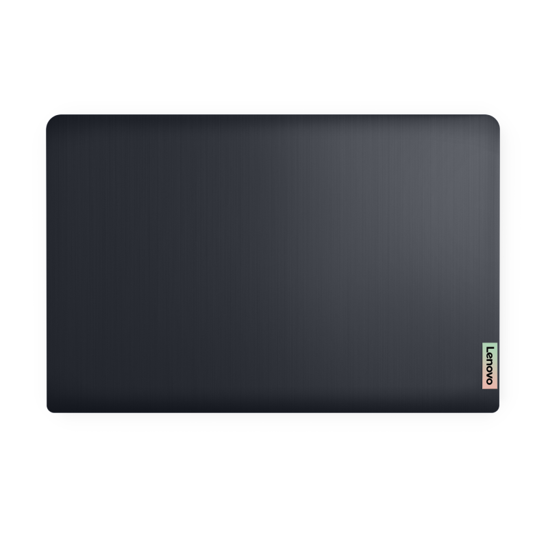 Vista superior de un portátil Lenovo. Presenta una superficie gris oscura, texturizada, con el logo de Lenovo.