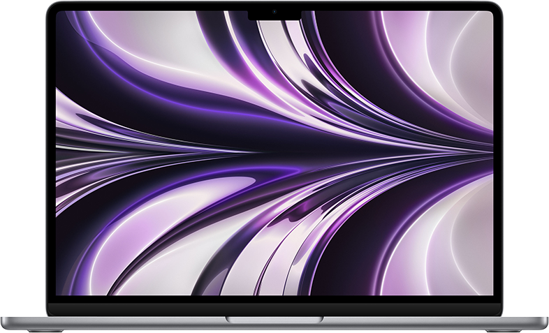 Ezüst laptop lila-fehér absztrakt dizájnnal a képernyőn.