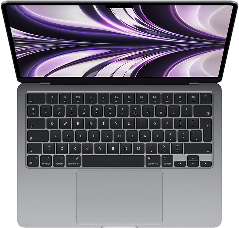 Laptop, felülnézet, ezüst test, nyitott, billentyűzet látható, lila háttér.
