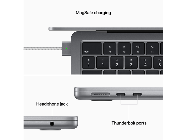 Laptop MagSafe töltéssel és fejhallgató-csatlakozóval. Thunderbolt portok láthatók.