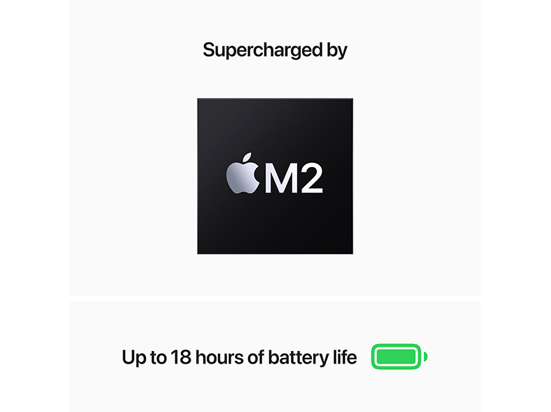 Fekete négyzet stilizált Apple M2 chip logóval és szöveggel az akkumulátor élettartamáról.
