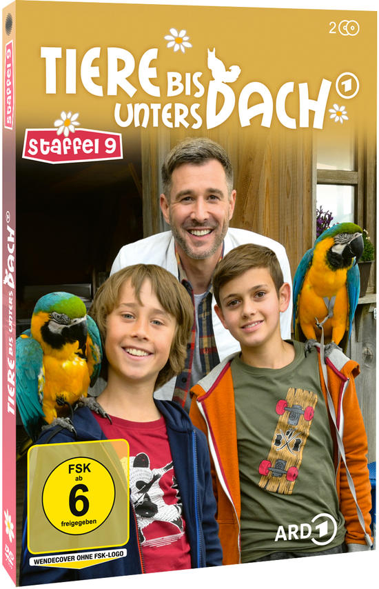 DVD-Cover mit drei Personen und zwei Papageien. Der Titel 'Tiere bis unters Dach' sichtbar.