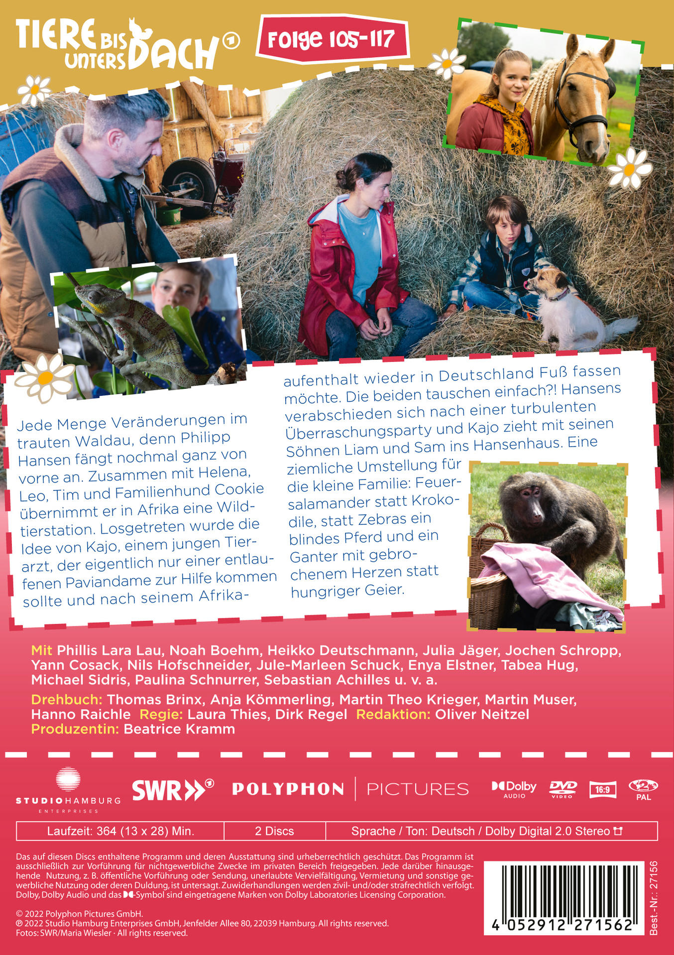 Rückseite einer DVD-Hülle. Text und Bilder über die TV-Serie, einschließlich eines Pferdes und eines Hundes.