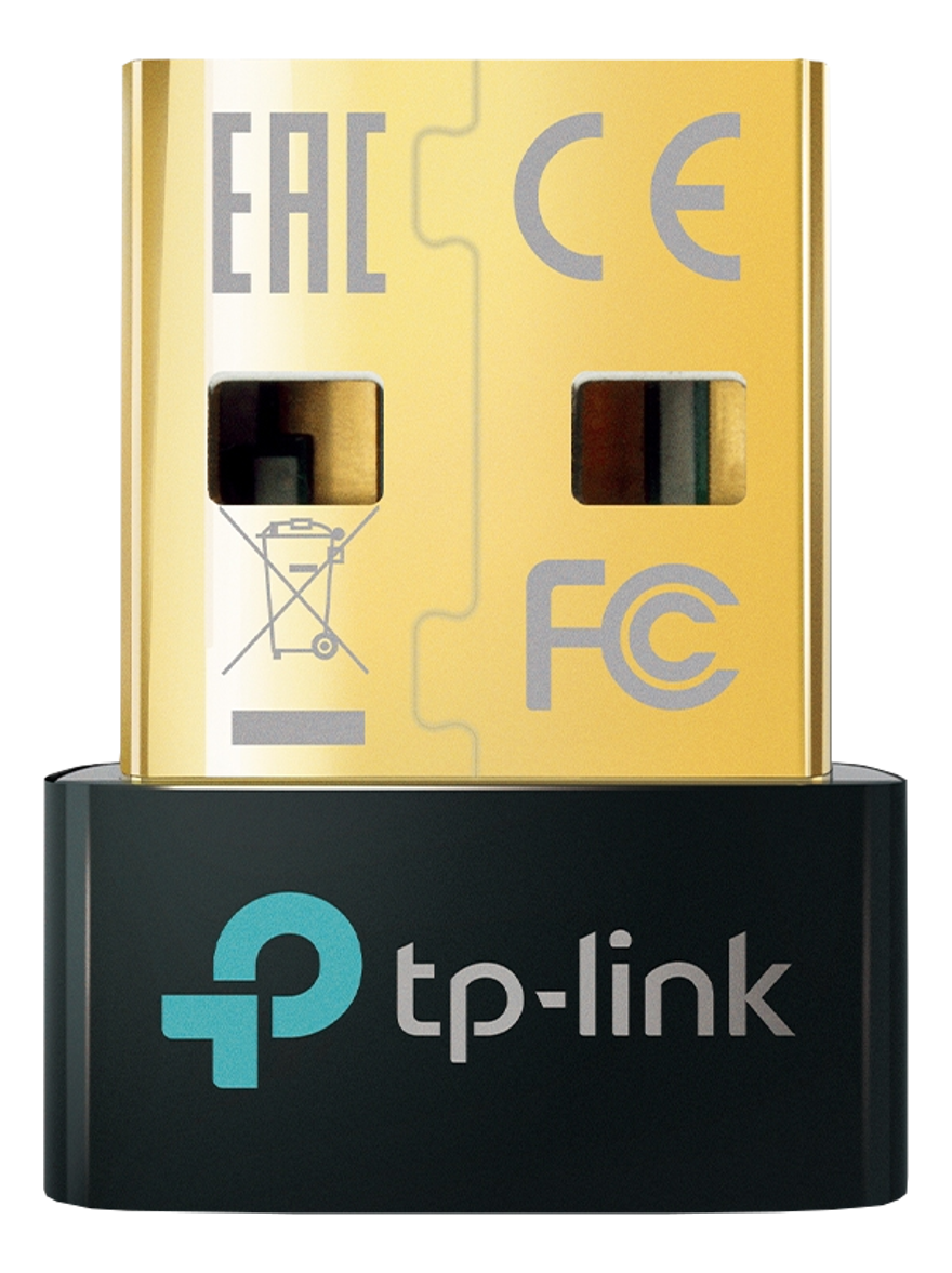 Un adattatore wireless USB dorato con base nera e contrassegni. Ha un logo TP-Link sulla parte nera.