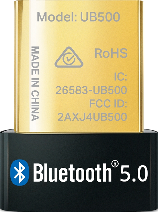 Un adattatore Bluetooth oro e nero con testo e logo.