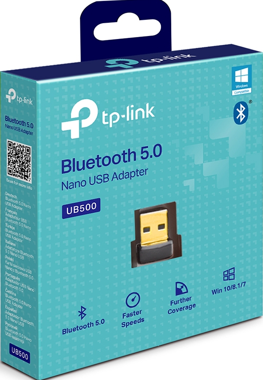 Scatola blu e bianca con un adattatore USB. Testo: Adattatore USB Nano Bluetooth 5.0.