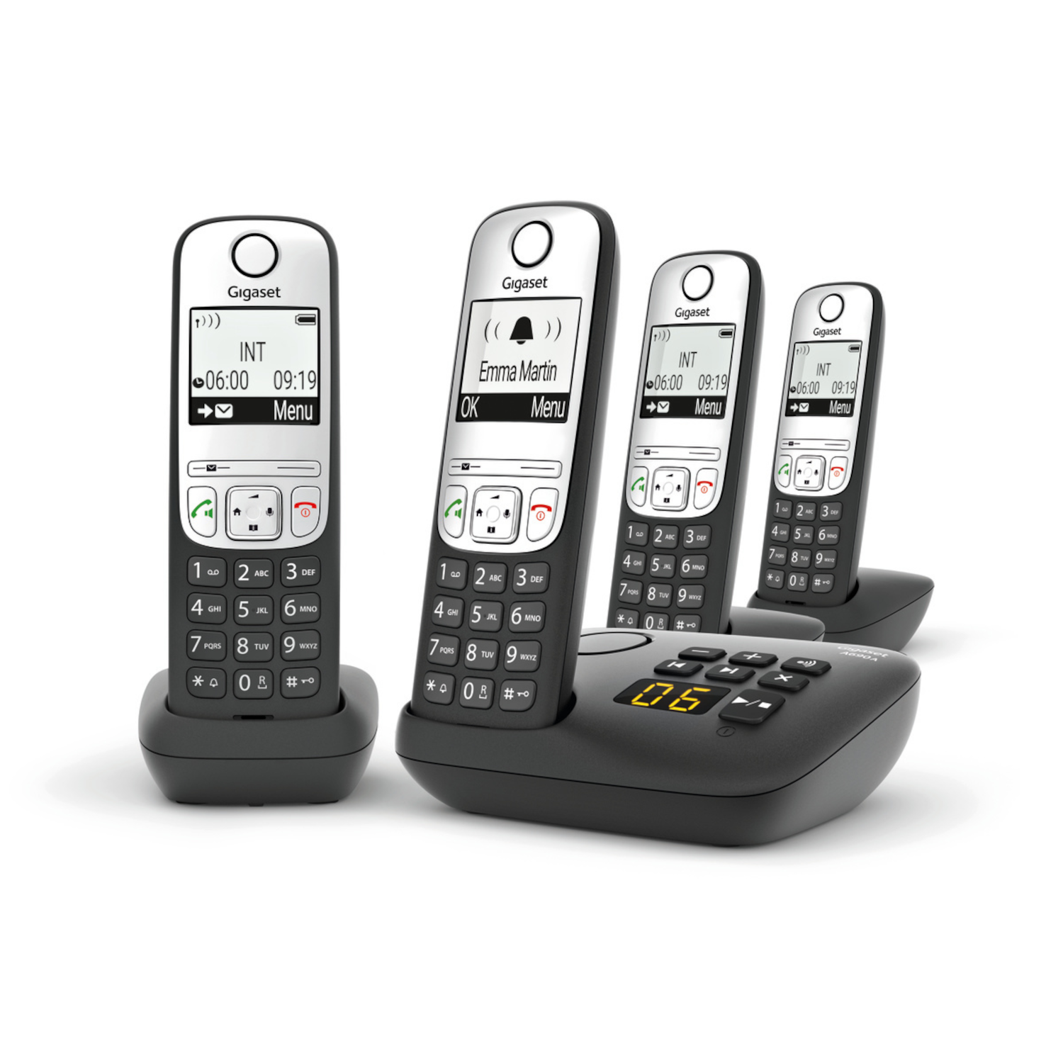 Four black Gigaset phones on chargers, with screens showing time and menu options. White background.