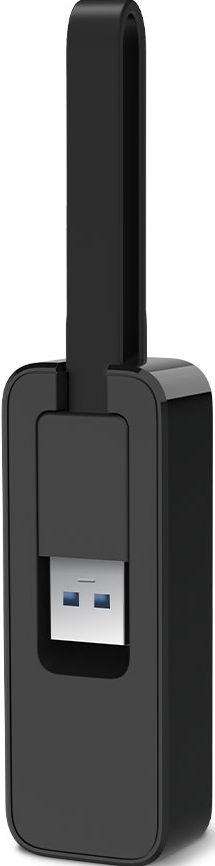Ein schwarzer USB-WLAN-Adapter mit Antenne. Er ist in einen USB-Anschluss gesteckt.