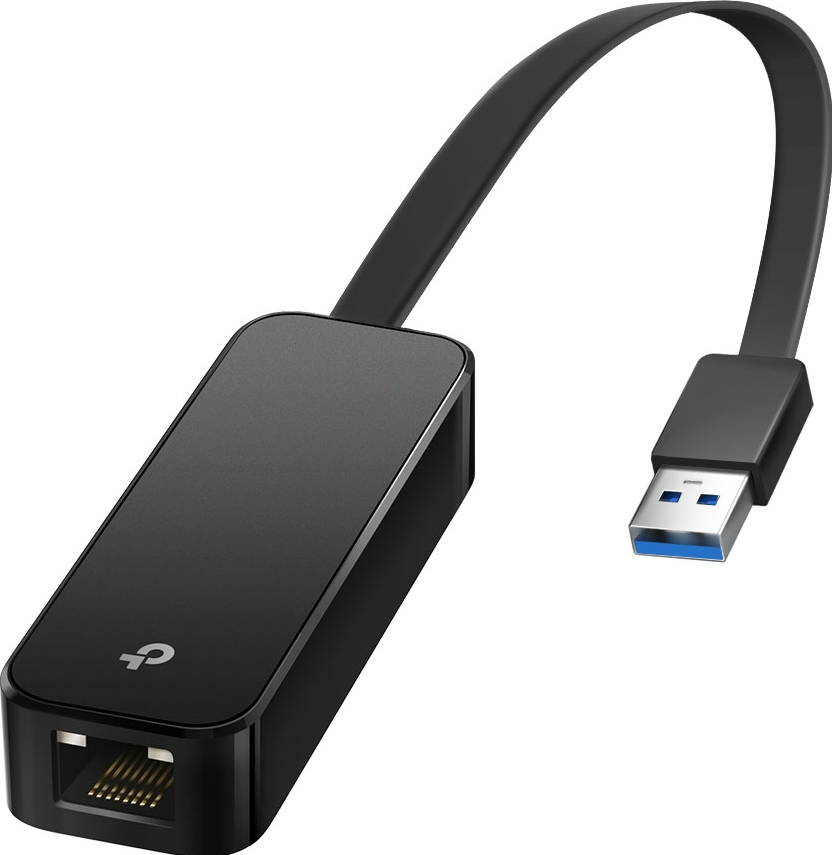 Ein schwarzer TP-Link USB-zu-Ethernet-Adapter mit schwarzem Kabel und USB-Anschluss.
