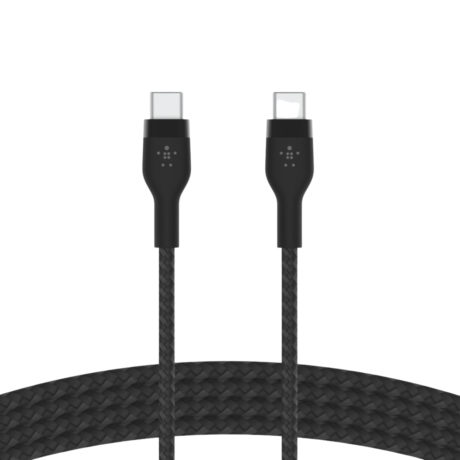 Two black USB cables with different ends, against a black background. Braided cable design. Belkin logo visible on each end.