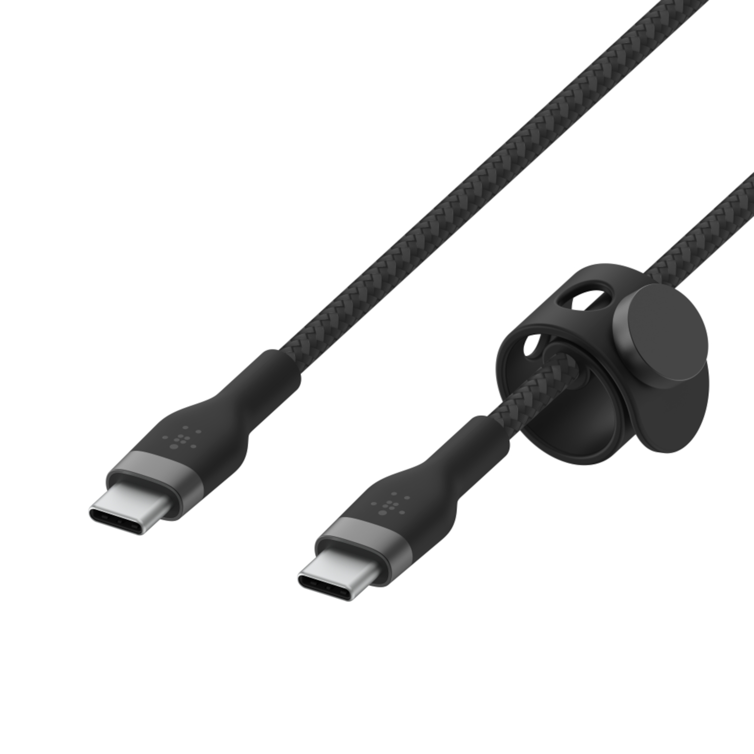 A black USB-C cable with a textured weave. A black cable organizer is attached. The background is white.