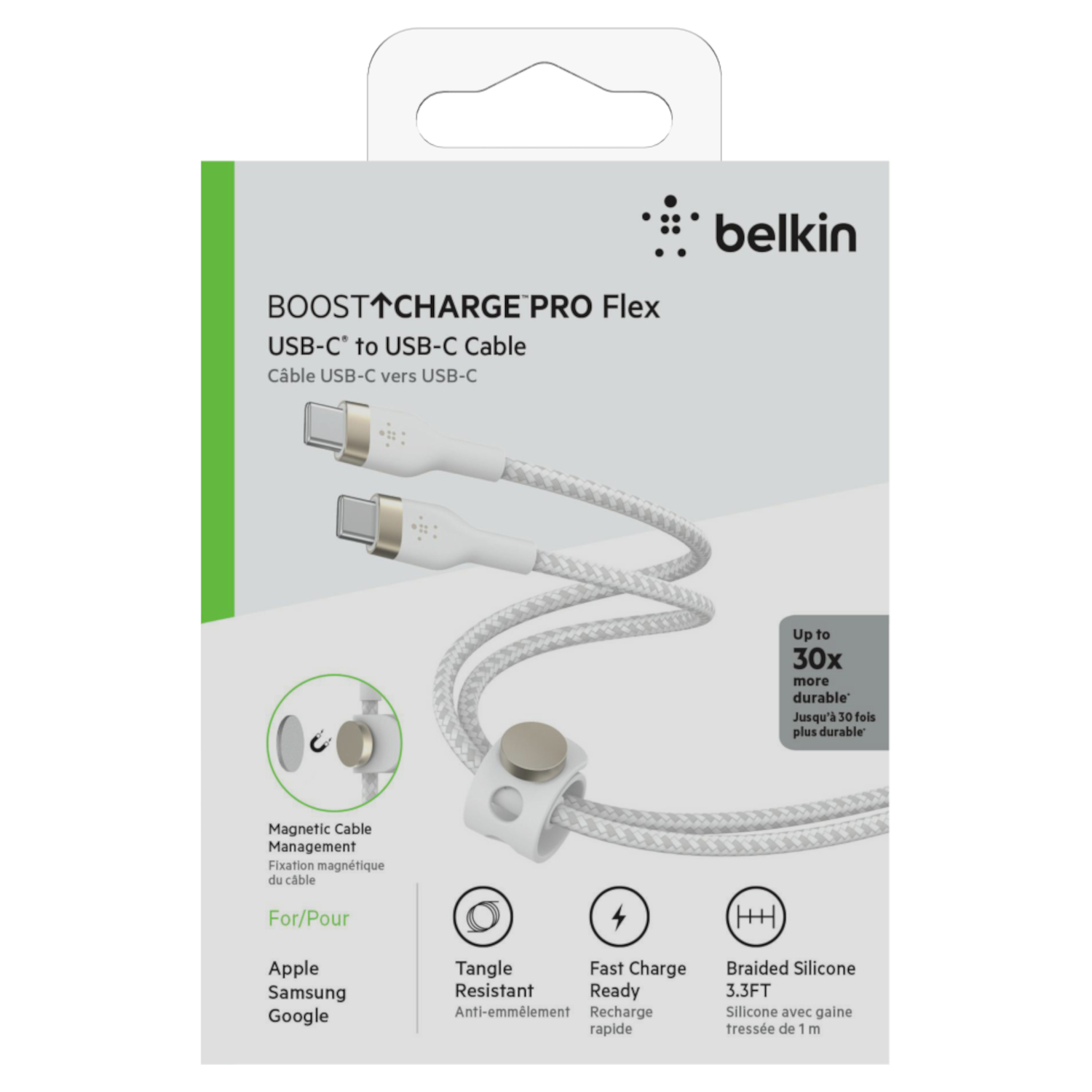 White Belkin USB-C cable box. Cable is white with gray braiding. Features: tangle resistant, fast charge, magnetic cable management.