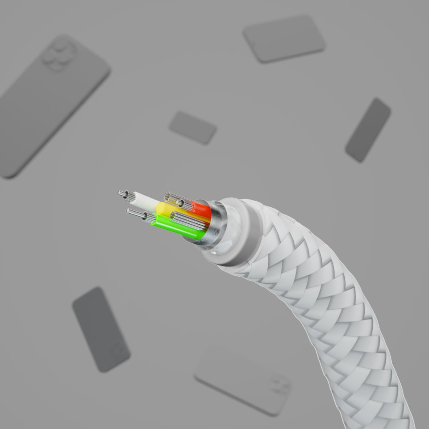 A white braided cable with colorful internal wires is shown against a gray background with floating gray phones.