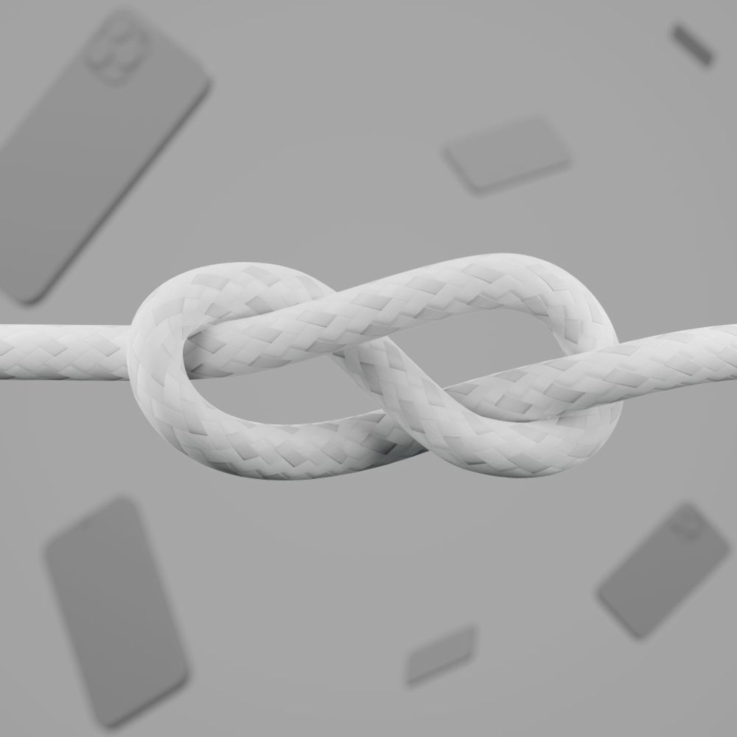 Une corde blanche nouée. Fond gris avec plusieurs objets flous en forme de téléphone.