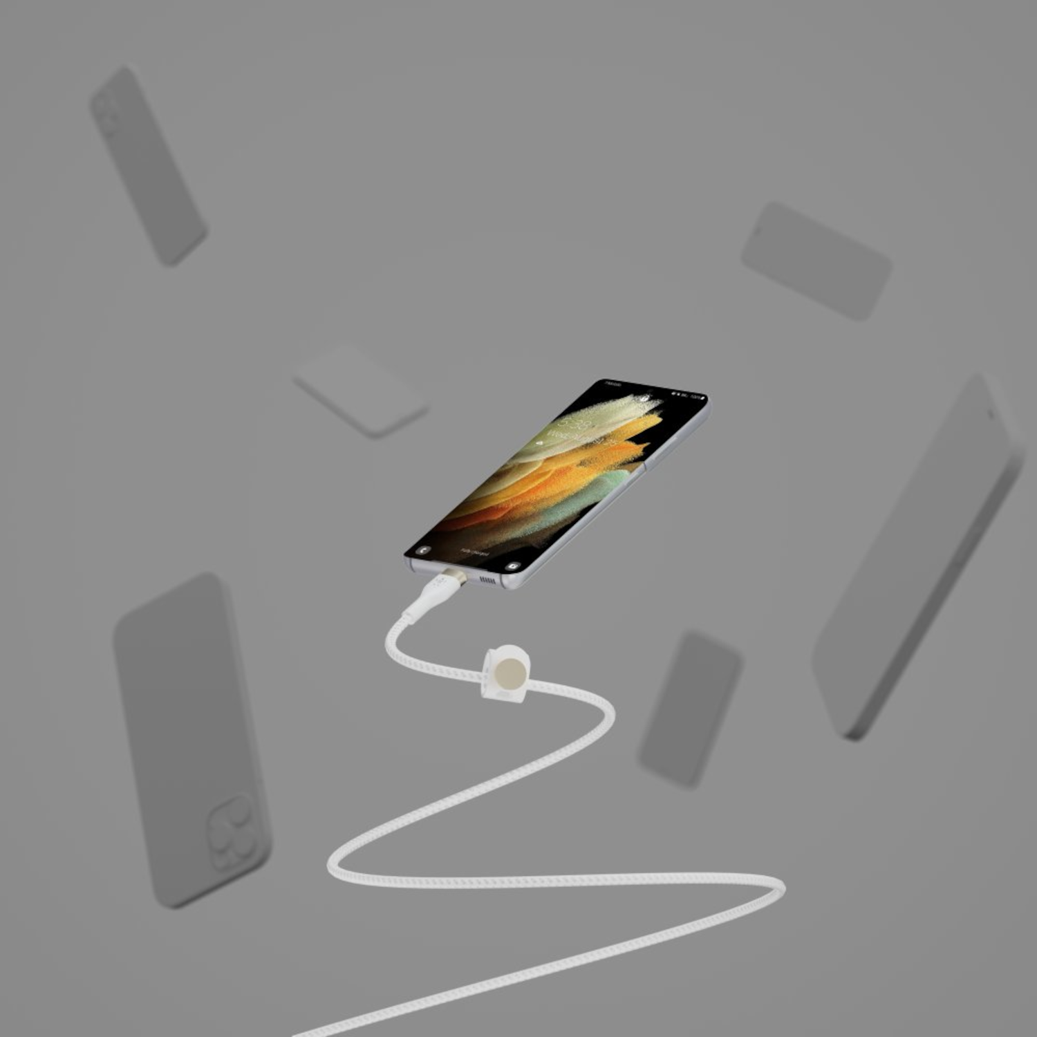Un téléphone est connecté à un câble blanc, avec d'autres téléphones en arrière-plan. La scène est sur fond gris.