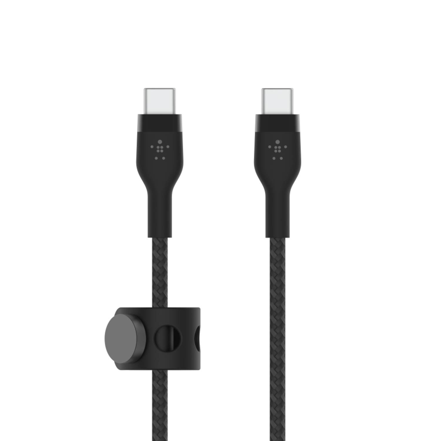 Deux câbles USB-C noirs avec un organiseur de câbles. Les connecteurs sont argentés. Conception de câble tressé.