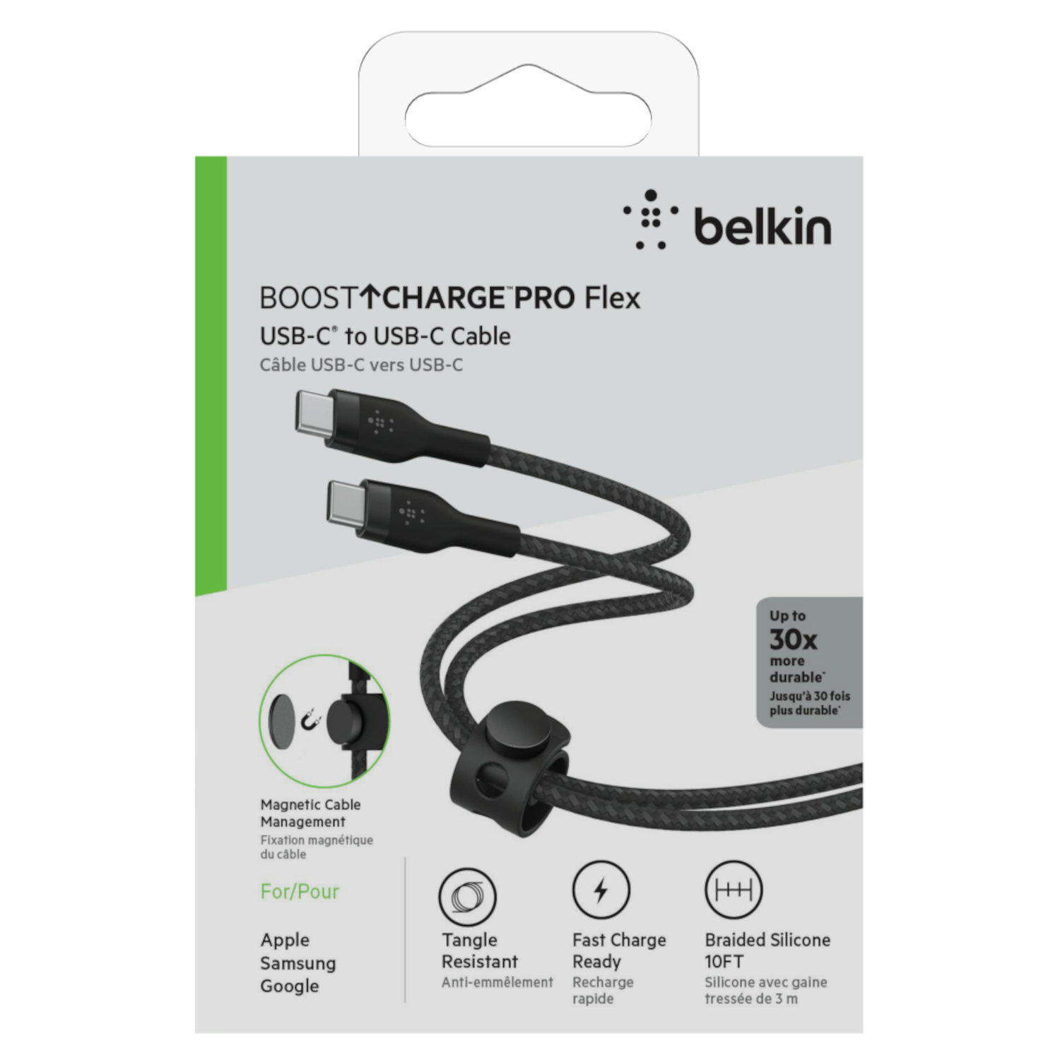 Câble USB-C vers USB-C Belkin noir dans son emballage. Caractéristiques: gestion magnétique des câbles, charge rapide, anti-nœuds.