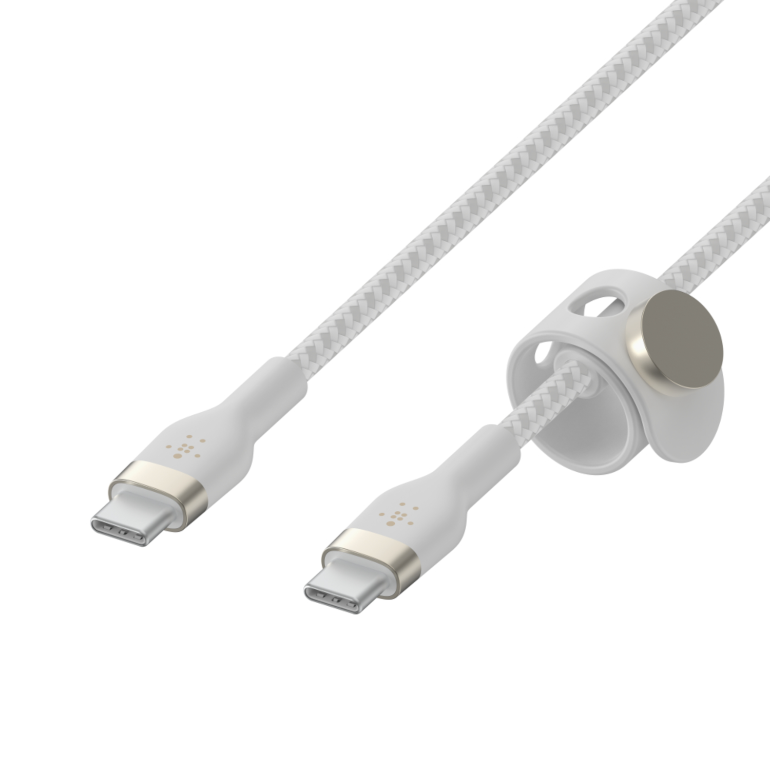 Câble USB-C blanc et gris avec un organiseur. Le câble a un design tressé et des connecteurs argentés.