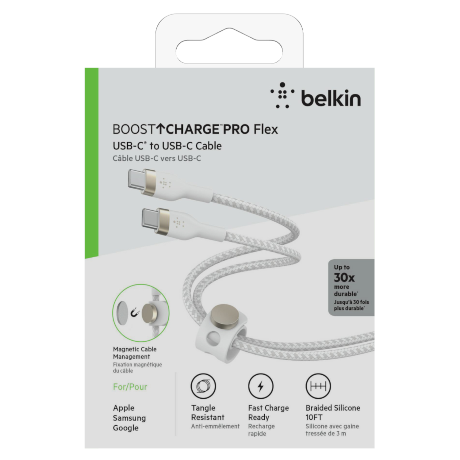 Câble USB-C vers USB-C blanc Belkin Boost Charge Pro Flex sur emballage. Caractéristiques : gestion magnétique du câble, résistance à l'emmêlement et charge rapide.