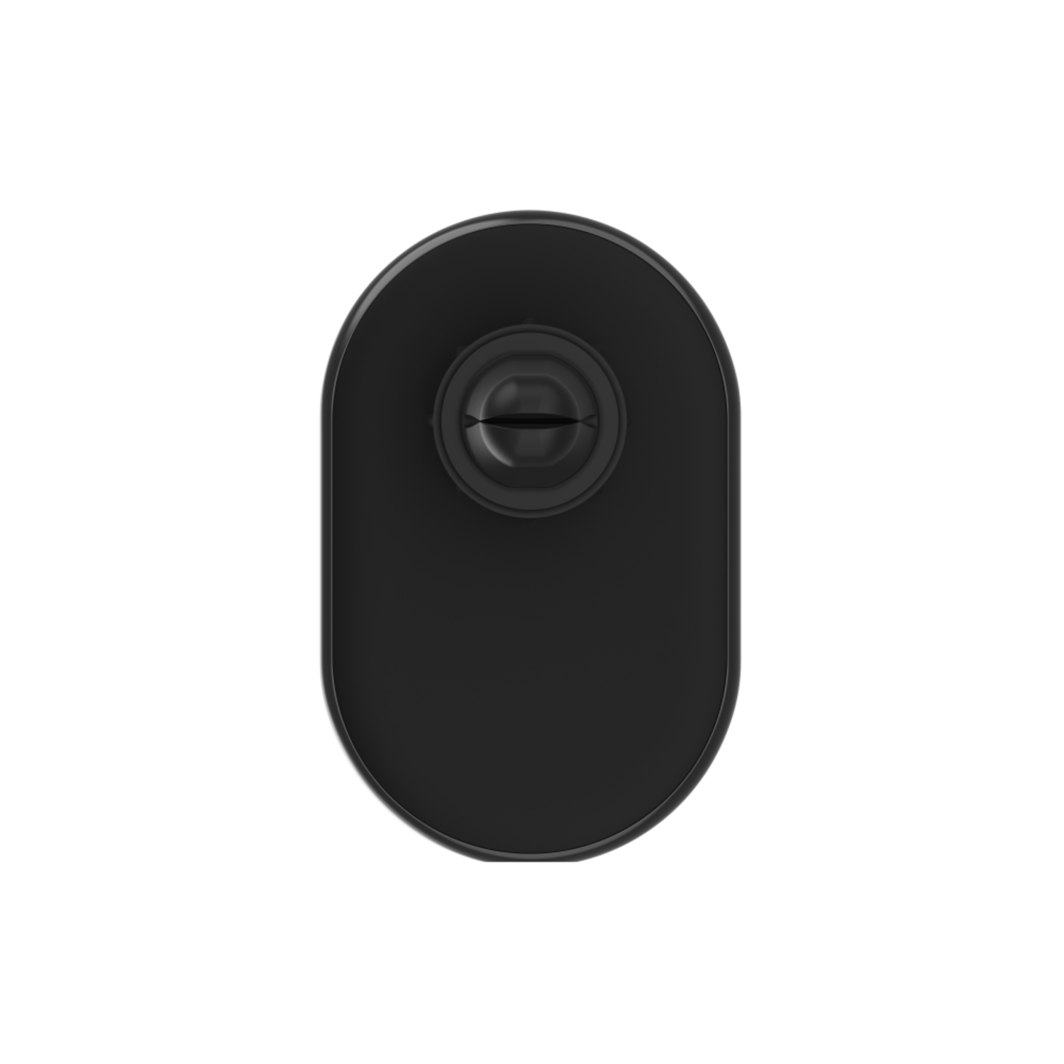 A black, oval-shaped door plug, with a black screw, on a white background.