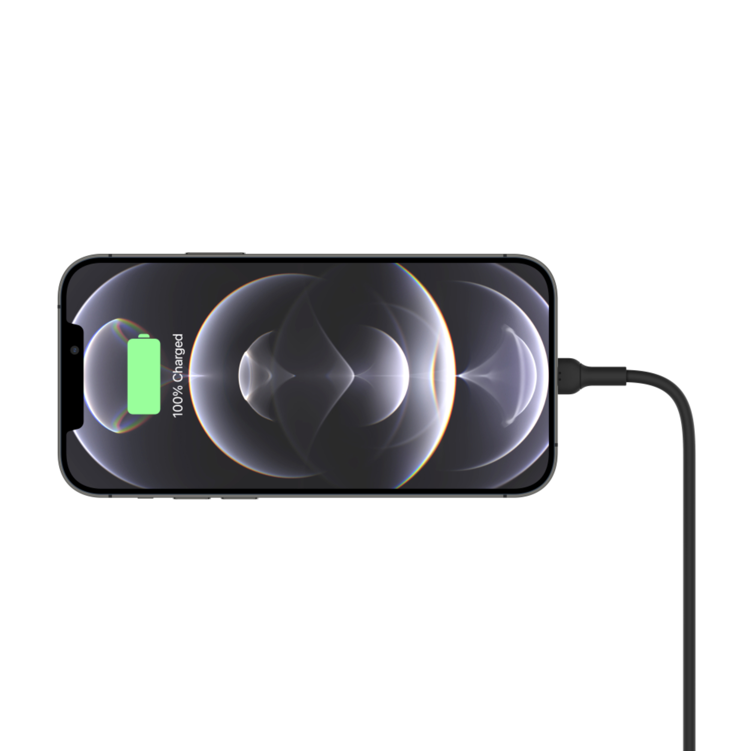 Black iPhone charging, showing 100% charged. Black charging cable. White background.