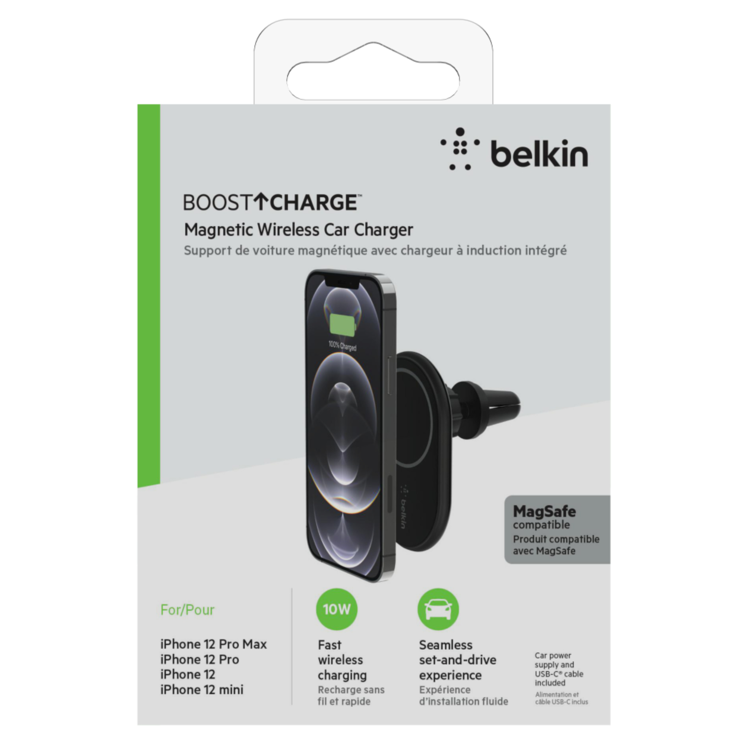 A Belkin Boost Charge magnetic wireless car charger in its packaging.