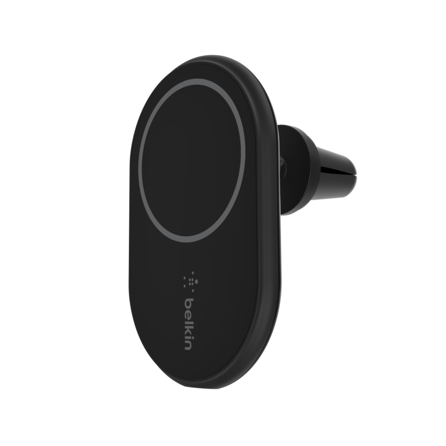 Black phone holder for a car vent, with a Belkin logo.