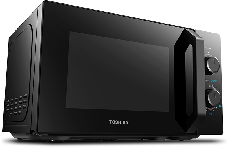 Fekete Toshiba mikrohullámú sütő vezérlőgombokkal és ajtóval.