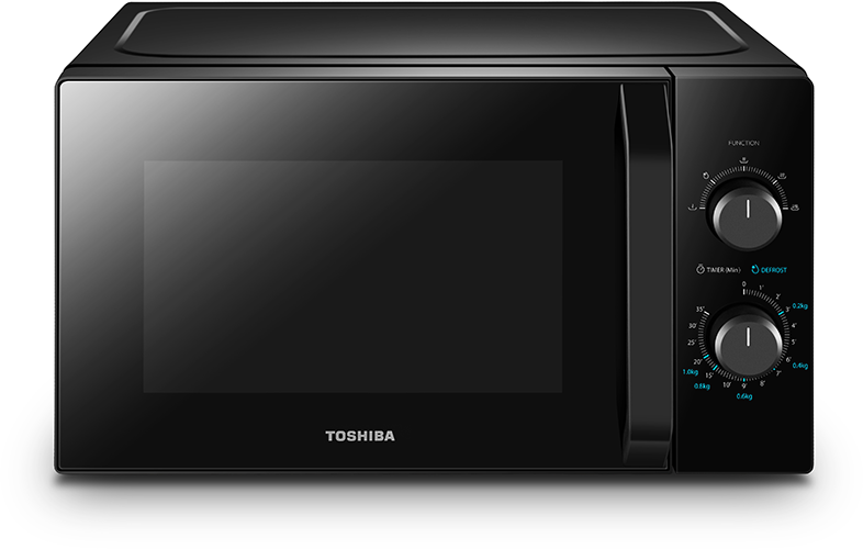 Egy fekete Toshiba mikrohullámú sütő fehér háttérrel.