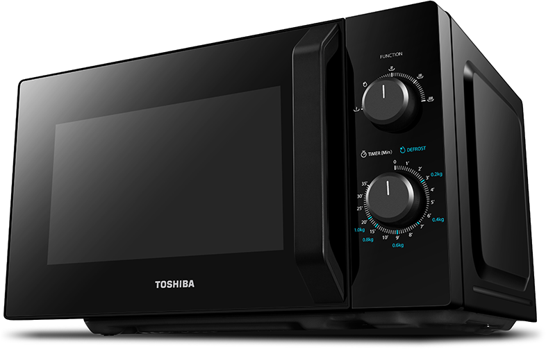 Fekete Toshiba mikrohullámú sütő. A funkció- és időzítőgombok jobbra vannak.