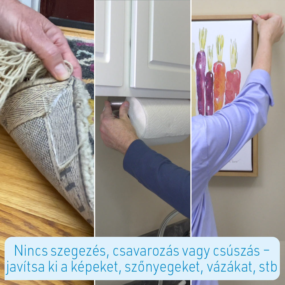 Egy kollázs, amelyen kezek mutatják a házfelújítást: egy szőnyeg, egy törölközőtartó és egy keretezett kép.