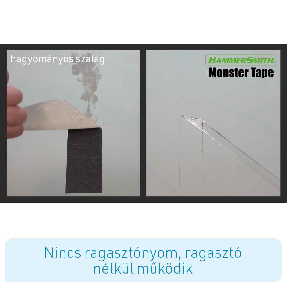 Képek a szalag használatáról: szalag felvitele és eltávolítása. Szöveg: Nincs ragasztó, ragasztó nélkül működik.