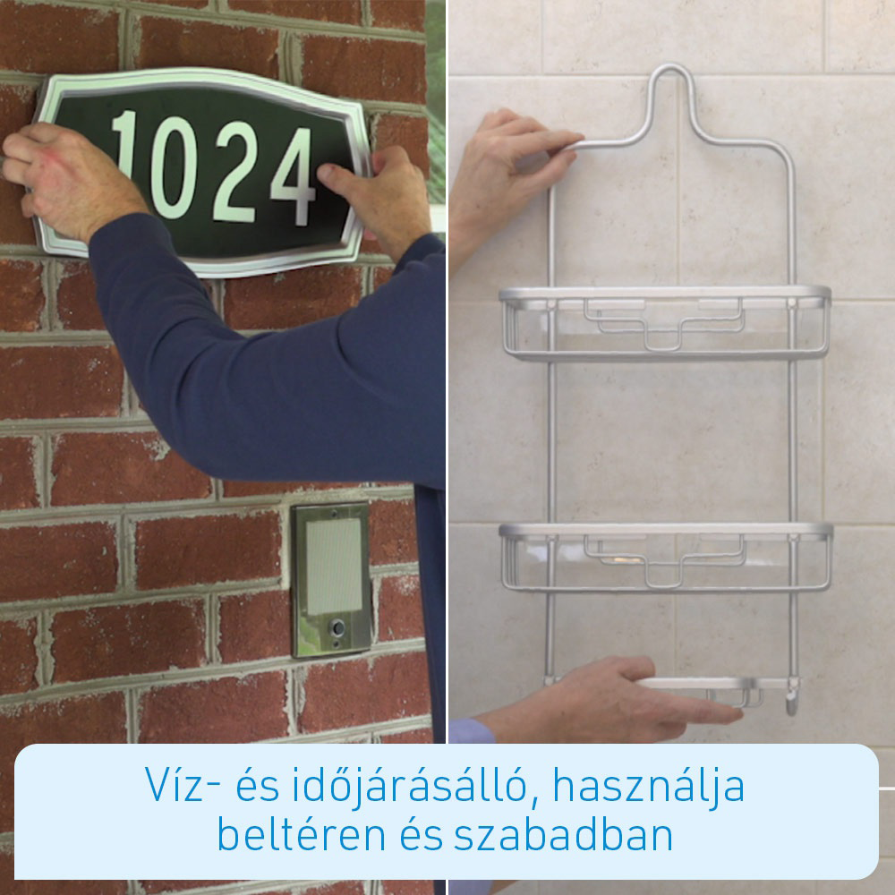 Egy személy fekete címjelzést szerel fel téglafalra. Ezüst zuhanytartó csempézett falon.