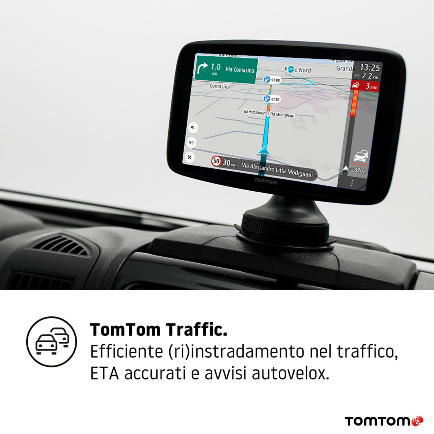 Dispositivo GPS TomTom che mostra una mappa con indicazioni stradali. Testo in basso.