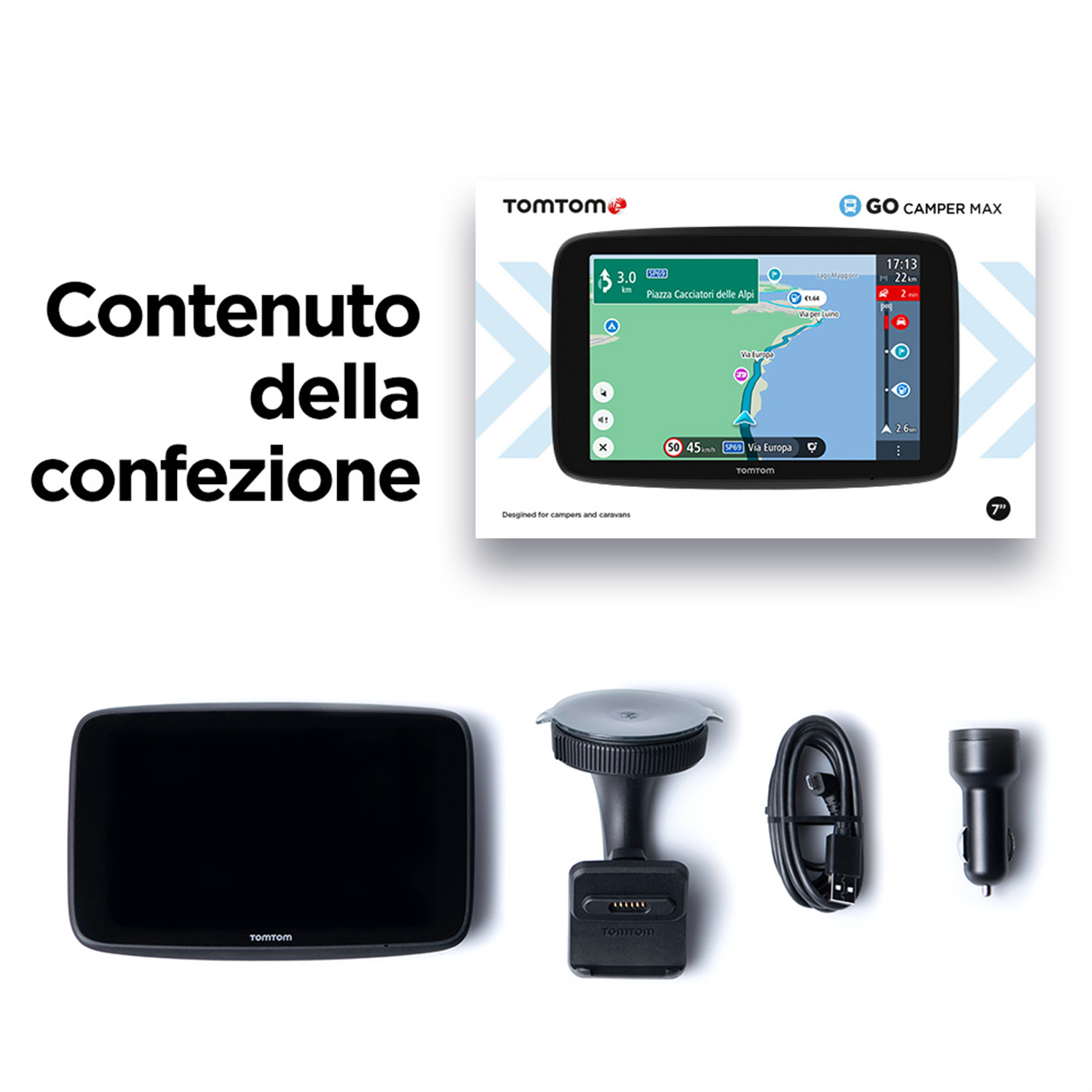 TomTom GO Camper MAX GPS, con accessori disposti su una superficie bianca.